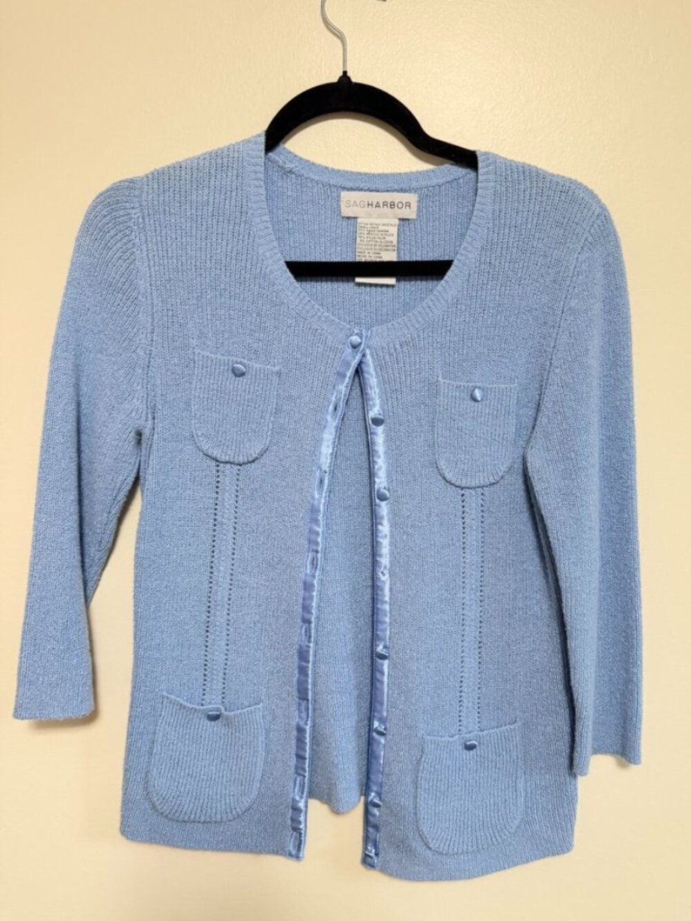 Sag Harbor Light Blue Knit Cardigan Sweater Satin Trim Pockets Small Y2K Vintage